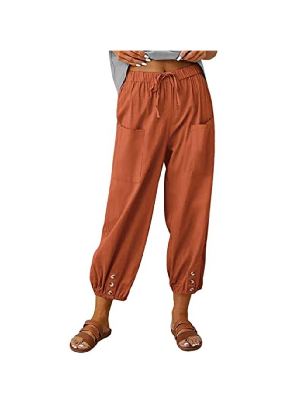 Women Orange Capri Pants High Waist Cotton Drawstring Cropped Trousers Pockets